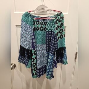 N Touch Boho Patchwork Peasant Blouse Top Fringe Bell Sleeve Women’s Large